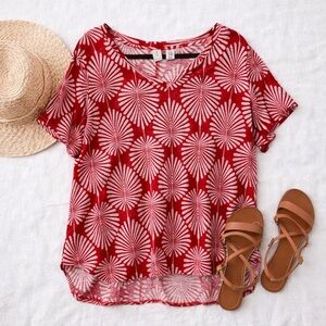 Joie 100% Linen Red White Abstract Print Boxy Top 2X Plus Size Euro Summer